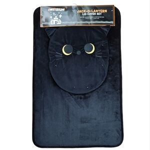 Jack-o'-lantern Black Cat Toilet Lid Cover & Bath Mat Rug SET